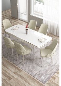 Resim Canisa Tia Serisi 80x132 Açılabilir Mdf Mutfak Masası Takımı Beyaz Masa Krom Detay 6 Krem Sandalye Masa Beyaz Sandalye Krem 