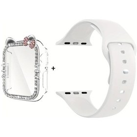 Resim Gaojunshop01 41mm 2li iOS Watch Uyumlu Kadın Kedi Bilek Bandı Ekran Koruyuculu Elmas Desen 