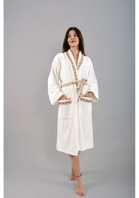 Resim Luna İşlemeli Bornoz Nakışlı Bornoz Hediyelik Bornoz. Krem 