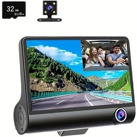 Resim Dream011 Hd Araç Kamerası 4 Inç Ekran 3 Lens Ön İç Arka Görüş 1080p 32gb Hafıza Kartlı 