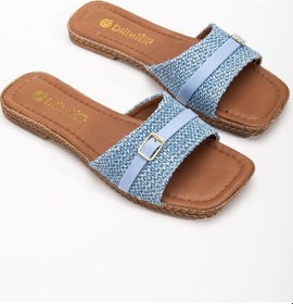 Resim Kadın Düz Topuk Terlik Mavi Hasır Kalın Tek Bant-3899 Mavi 