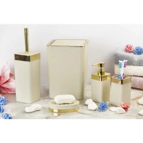 Resim İmera Akrilik Yapım Gold Çizgi Soft Banyo Takımı 5'li Kare Banyo Seti Krem 