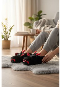 Resim Kadın Panduf Hayvan Figürlü Pofuduk Peluş Panduf Siyah 