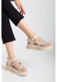 Resim Taşlı Platform Dolgu Taban Sandalet Bej 