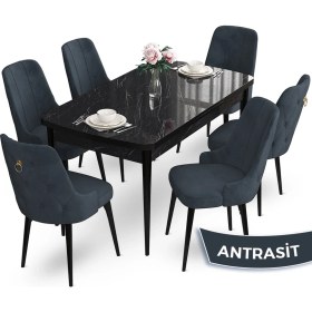 Resim Canisa Concept Nev Serisi 80 x 132 cm Açılabilir Siyah Mermer Desen Masa Takımı 6 Sandalye Gold Halkalı 
