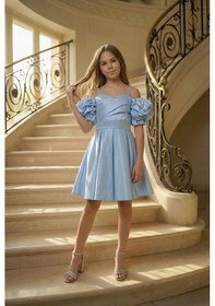 Resim Butikhappykids Kız Çocuk Askılı Bebe Mavi Balon Kollu Monoray Kumaş Abiye Elbise 11-15 Yaş Bebe Mavi 