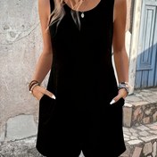 Resim Kadınlar için Şık Kolsuz Tulum, Düz Renkli Polyester Örgü Kumaş, Yuvarlak Yaka, Dar Kesim, Sırt Dekolteli Rahat Şort, İlkbahar/Yaz 
