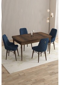 Resim Mazaka Serisi 80x132 Açılabilir Mdf Barok Ahşapdesen Masa Takımı 4 Lacivert Sandalye Gri 