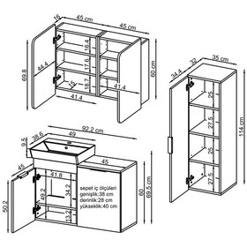 Resim Dubai Mdflam Sepetli Banyo Dolabı Seti, Lavabolu Alt Dolap + Aynalı Banyo Üst Dolabı + Boy Dolabı Beyaz 