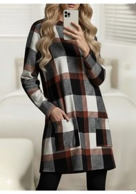 Resim Hazego Kadın Uzun Kollu Yarı Balıkçı Yakalı Cep Detaylı Ekoseli Dokuma Tunik Desenli 