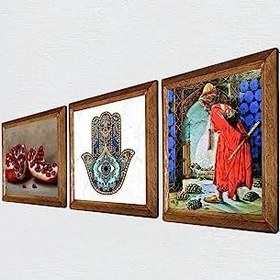 Resim Pinecone Kaplumbağa Terbiyecisi, Nar, Fatma Ana Eli (Hamsa) Taş Duvar Tablosu - Ahşap Çerçeveli Taş Tablo - 25x25 cm - 3 Parça Set - Dekoratif Duvar Sanatı - Modern Ev ve Ofis Duvar Dekoru W3-709 