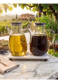 Resim Tess Ölçülü 1000ml +1000 Ml Mermer Stantlı 2li Borosilikat Cam Yağdanlık Sirkelik Şeffaf 
