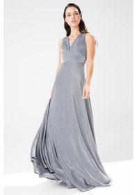 Resim Kendinden Simli Kumaslı Abiye Gri-gri Gri 