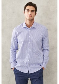 Resim AC&Co / Altınyıldız Classics Erkek Beyaz Mavı Ütü Gerektirmeyen Taılored Slim Fit Dar Kesim Klasik Yaka %100 Pamuk Armürlü Non-ıron Gömlek Beyaz - Mavi 