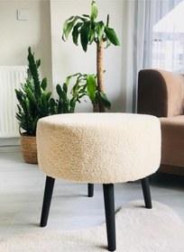 Resim PUFANNA Gürgen Ahşap Ayak Xlarge Oturma Alanı Dekoratif Tedy Krem Kumaş Yuvarlak Pofidik Puf Bench 