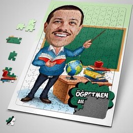Resim Öğretmen Karikatürlü Kişiye Özel Puzzle 