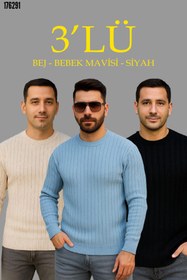 Resim Erkek Fitilli Triko Kazak 3lü Set Bej Bebek Mavisi SiyahKalın Dokuma Pamuklu Regular Fit Bisiklet Yaka Uzun Kollu Kışlık ve Baharlık Rahat Triko Kombini 