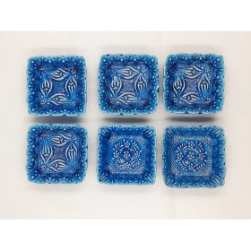 Resim Turkuaz Kare Seramik Çerezlik – 6’lı Set | El Yapımı, Gıda Dostu Sosluk & Sunumluk 
