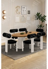 Resim Avvio Lizy Bohem Ayak 6'lı Metal Pofi Demonte Sandalye 80x160 Masa Sandalye Takımı Akça Masa Sandalye Beyaz Kumaş Siyah 