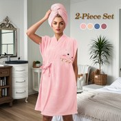 Resim 2'li Yumuşak Mikrofiber Bornoz & Saç Havlusu Seti - Hızlı Kuruyan, Emici Mercan Polar Bornoz Kadınlar İçin, Günlük Kullanım İçin Mükemmel 