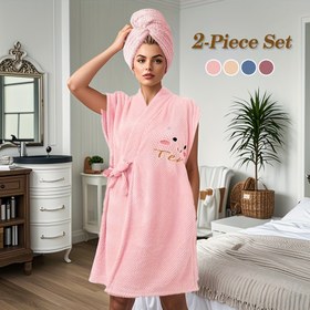 Resim 2'li Yumuşak Mikrofiber Bornoz & Saç Havlusu Seti - Hızlı Kuruyan, Emici Mercan Polar Bornoz Kadınlar İçin, Günlük Kullanım İçin Mükemmel 