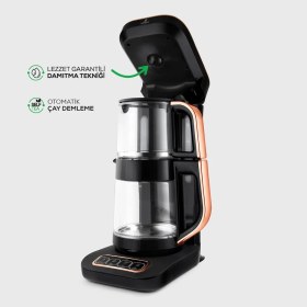 Resim Karaca Çaysever Robotea Pro 4 In 1 Konuşan Otomatik Premium Cam Çay Makinesi Su Isıtıcı ve Filtre Kahve Demleme Makinesi 2500W Black Copper 