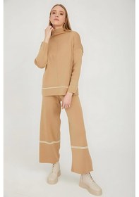 Resim Kadın Camel Dik Yaka Şerit Detaylı Palazzo Triko Kazak Pantolon Takım 