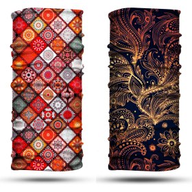 Resim Dair Aksesuar Altın Yaprak - Motif Desenli 2'li Set Boyunluk Bandana Outdoor Balaklava Yüz Maskesi Kafa Bandı 