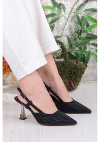 Resim Fort 1182-09 Fls Saten Baskılı Arkası Açık Topuklu Kadın Ayakkabı Siyah 