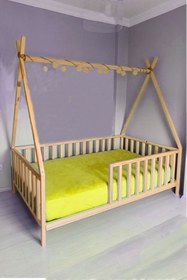Resim HFT HOME Çatılı Unisex Montessori Bebek Ve Çocuk Karyolası Doğal Ahşap Yatak 