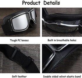 Resim Retro bisiklet gözlüğü, erkek, pilot gözlüğü, UV dayanıklı, toz geçirmez, rüzgar geçirmez, havalandırma, buğu önleyici, motosiklet, bisiklet, yarış, kayak için uygun, siyah, gri 