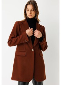 Resim Tek Düğmeli Yün İçerikli Keçe Ceket Kiremit Kiremit 