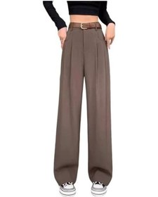 Resim Kadın Uzun Pantolon Düğme Fermuar Uçlu Yüksek Bel Ofis Kadın Pantolon Cepli Düz Renk Kahve Kahverengi 