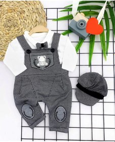 Resim 3-6-9-12 Ay Papyonlu Kırçıl Nakış Detaylı Kasket Şapkalı Uzun Kollu 3lü Erkek Bebek Salopet Takımı G Gri 