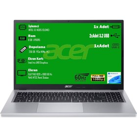 Resim ACER ASPIRE 3 A315-510P-39S1 INTEL I3-N305 İŞLEMCI 8GB RAM 256SSD UMA 15,6''FHD EKRAN W11HOME SILVER DIZÜSTÜ PC 