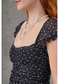 Resim Defymoda Puantiyeli Belden Oturtmalı Tül Siyah Bluz Siyah 