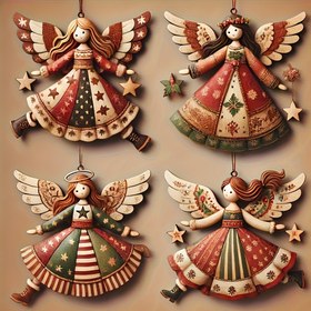 Resim Yıldızlar, kar taneleri ve çiçek desenli 4 adet el yapımı vintage ahşap melek Noel süsleri - Ağaç, ev ve ofis için çok renkli şenlikli dekorasyon, Elektrik gerekmez, Doğal ağaç işçiliği ile Noel ağacı süslemeleri 