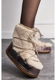 Resim Günlük Kadın Kar Botu Kürklü Bağcıklı Anne Kız Rahat Astarlı Kalın Taban 327 Bej 