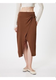 Resim Koton Midi Etek Kruvaze Metal Aksesuarlı Standart Bel Kahverengi 5wal70035ıw Kahve 