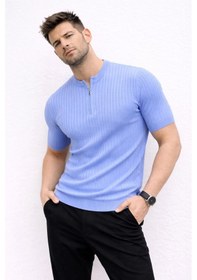 Resim Wear Vexel Erkek Kısa Kol Fitilli Triko T-shirt Yazlık Hakim Yaka Tişört - Bebek Mavisi Çok Renkli 