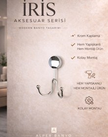 Resim Alper Banyo Krom İkili Askılık, Havluluk | Yapışkanlı & Vidalı Montaj | Delmeden Duvar Tipi Havlu Askısı 