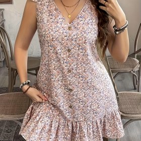 Resim Yelpaze Detaylı, Kırlentli ve Düğmeli Çiçek Desenli Hafif Pastel İlkbahar/Yaz Elbisesi - Kadınlar İçin Şık ve Rahat V Yaka Kolsuz Elbise 