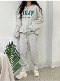 Resim Paris Sainte Eşofman Takımı Sweatshirt Jogger - Gri Baskılı Oversize Şardonlu Bisiklet Yaka Gri 
