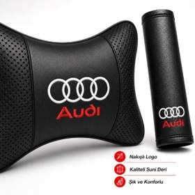 Resim BsElektronik Audi Kırmızı Beyaz Logolu Papyon Yastık Boyun Yastığı + Emniyet Kemeri Kılıfı Takım 