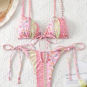 Resim Kadınlar İçin Çiçek Desenli İki Parça Mayo Seti - Düşük Bel, Yan Bağcıklı Bikini Üstü ve Alt, Polyester Karışımı, Esnek Kumaş, Büyükler İçin Plaj Giysisi, Çiçek Desenli Mayo|Esnek Kumaş 