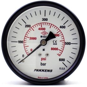 Resim Pakkens 0-600 Bar 63 mm Arkadan Bağlantılı Panotipi Kuru Manometre G 1/4 inç 