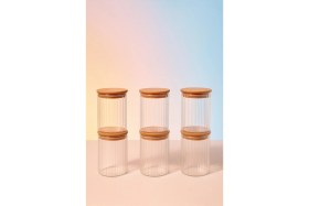 Resim Feyza Design 6'lı Çizgili Cam Kahvaltılık Seti, Vakum Kapaklı, Hava Geçirmez, 850 ml 