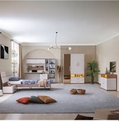 Resim Milano Genç Odası - 3 Kapaklı Aynalı Dolap, Karyola, Komodin, Çalışma Masası, Şifonyer, Kitaplık Beyaz 