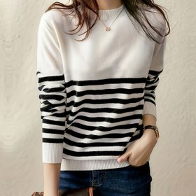 Resim Çizgili Yaka Kazak, Rahat Uzun Kollu Çok Yönlü Kazak, Kadın Giyim 