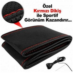 Resim Dikme Direksiyon Kılıfı Noktalı Siyah Deri Kırmızı Dikiş Mum Ip 